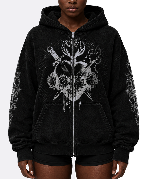 SACRED SAINT OVERSIZED WASHED ZIP-UP HOODIE