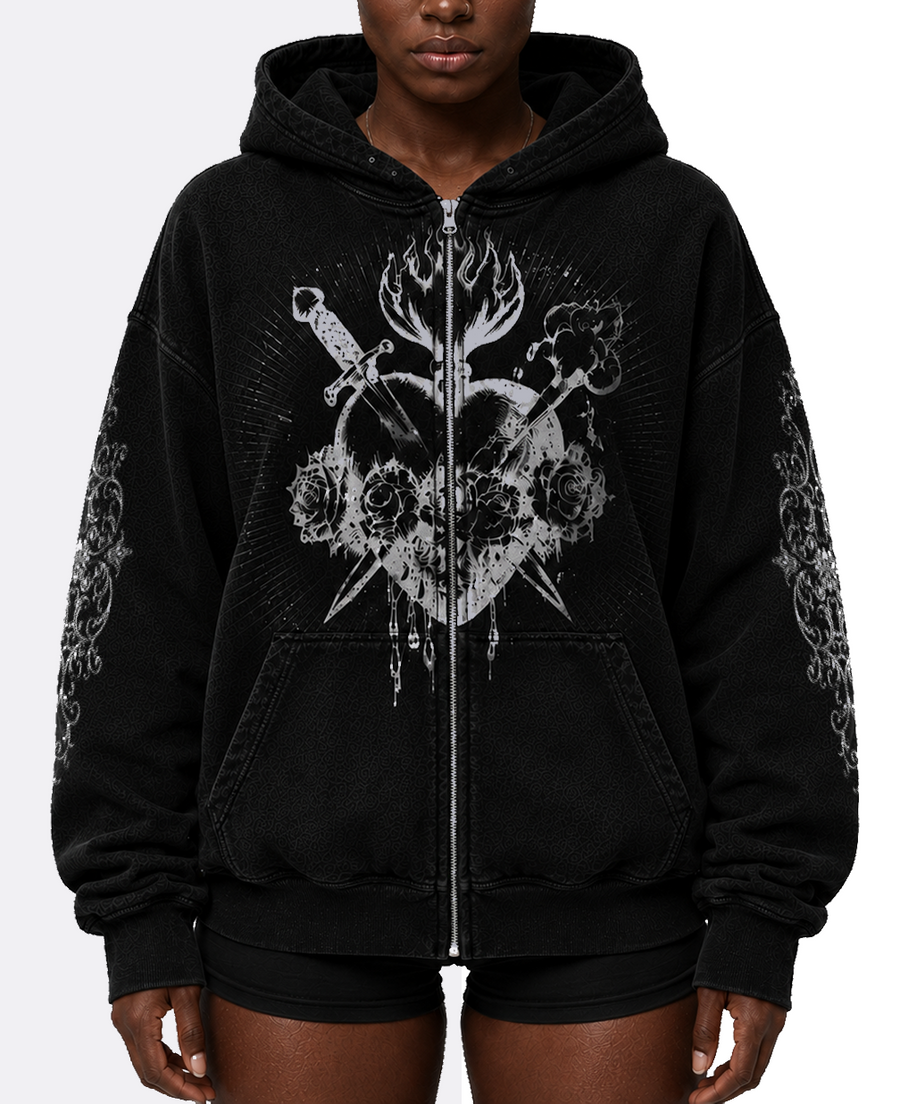 SACRED SAINT OVERSIZED WASHED ZIP-UP HOODIE