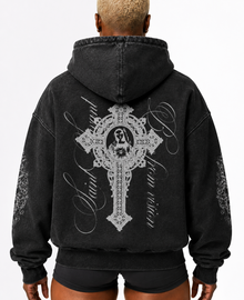 SACRED SAINT OVERSIZED WASHED ZIP-UP HOODIE