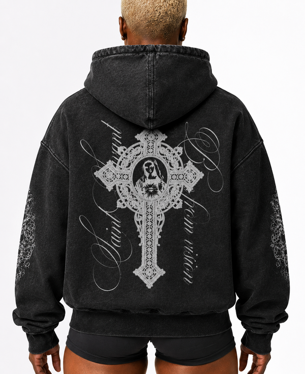 SACRED SAINT OVERSIZED WASHED ZIP-UP HOODIE