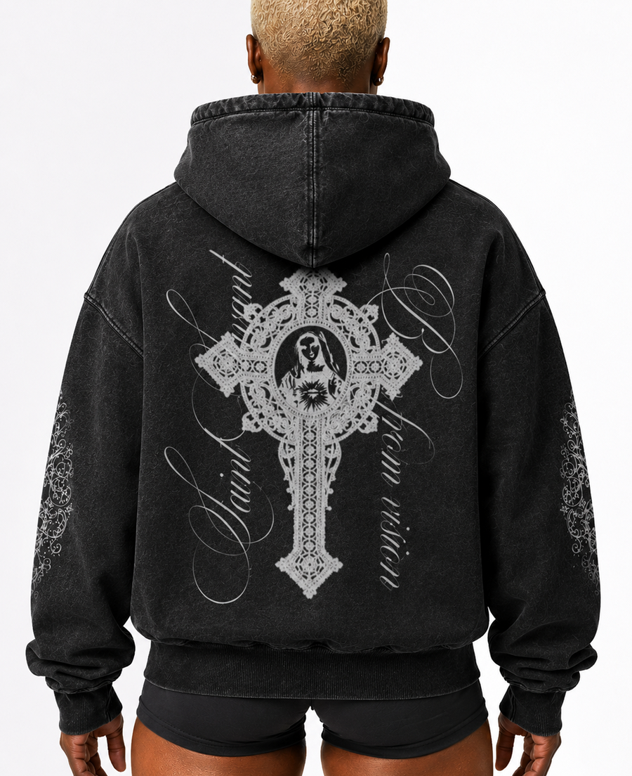 SACRED SAINT OVERSIZED WASHED ZIP-UP HOODIE